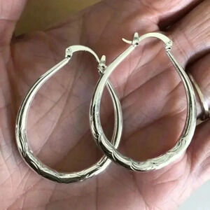 Large Etched Retro 80’s Drop Hoop 925 Sterling Silver Plated Earrings